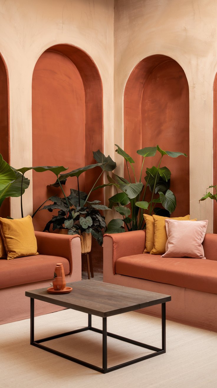 Salon avec banquettes intégrées dans des niches murales en arche de couleur terracotta