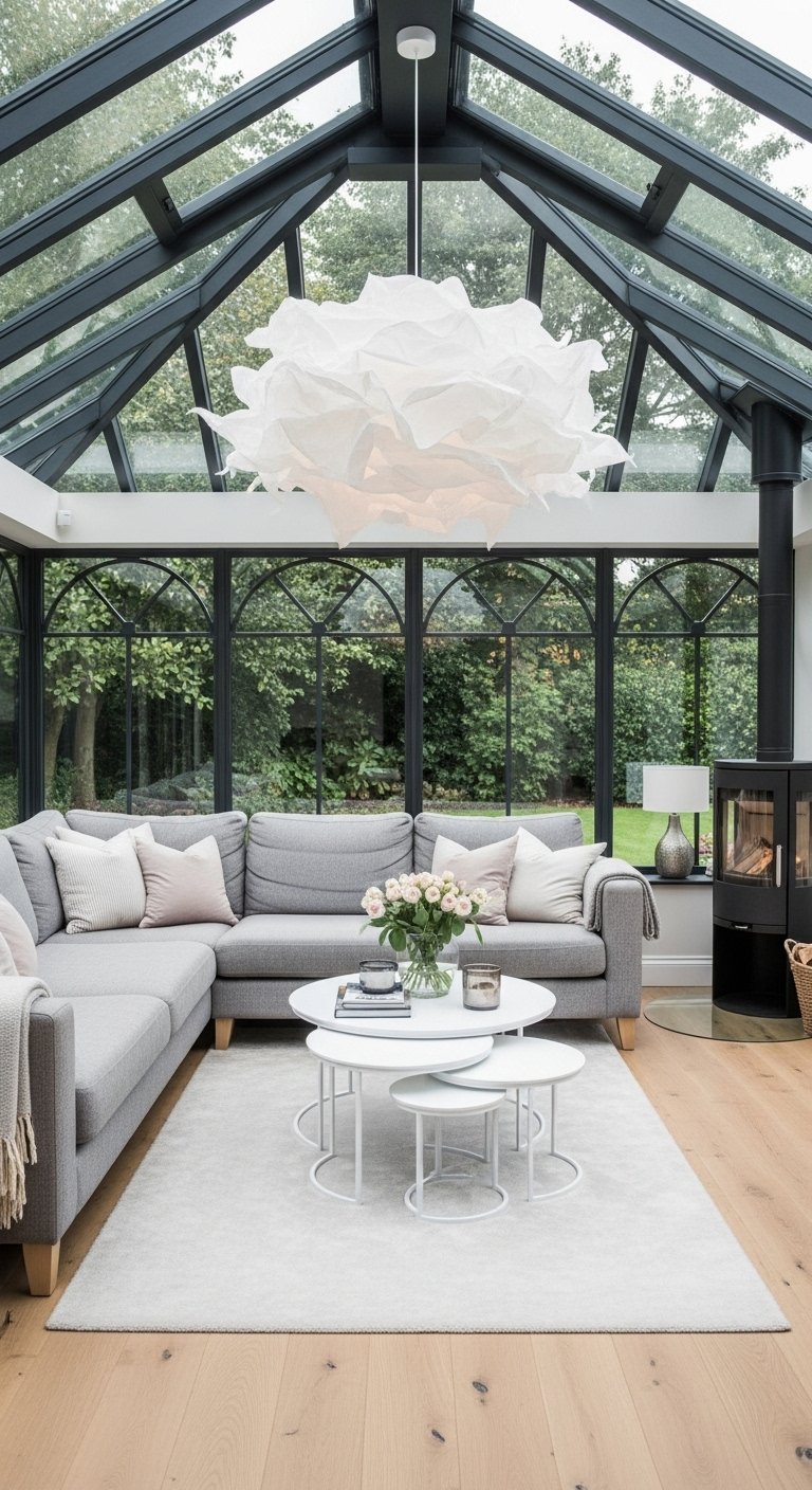 Salon dans une véranda avec un grand canapé gris et une suspension design