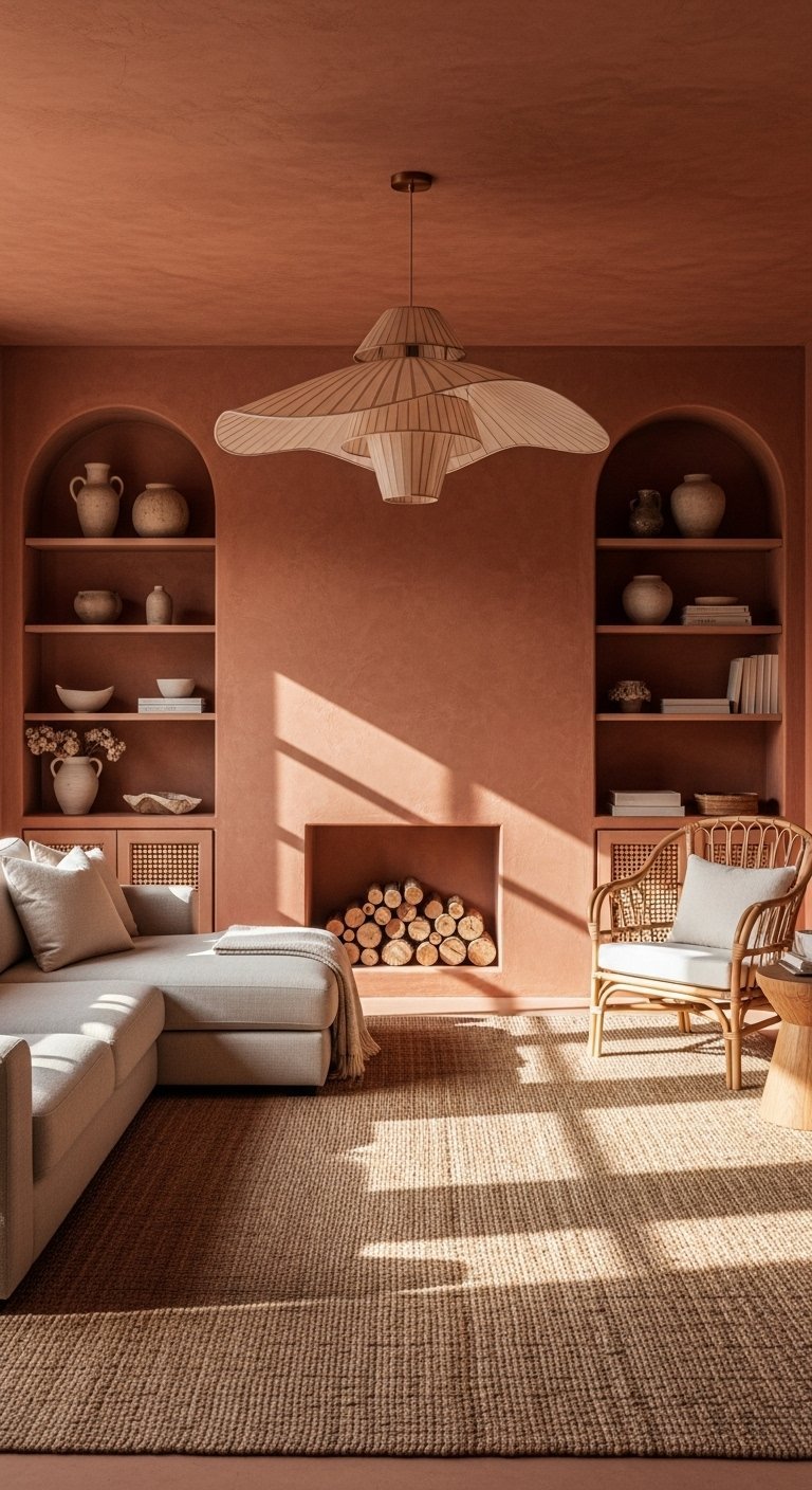 Salon entierement terracotta avec niches integrees et cheminee