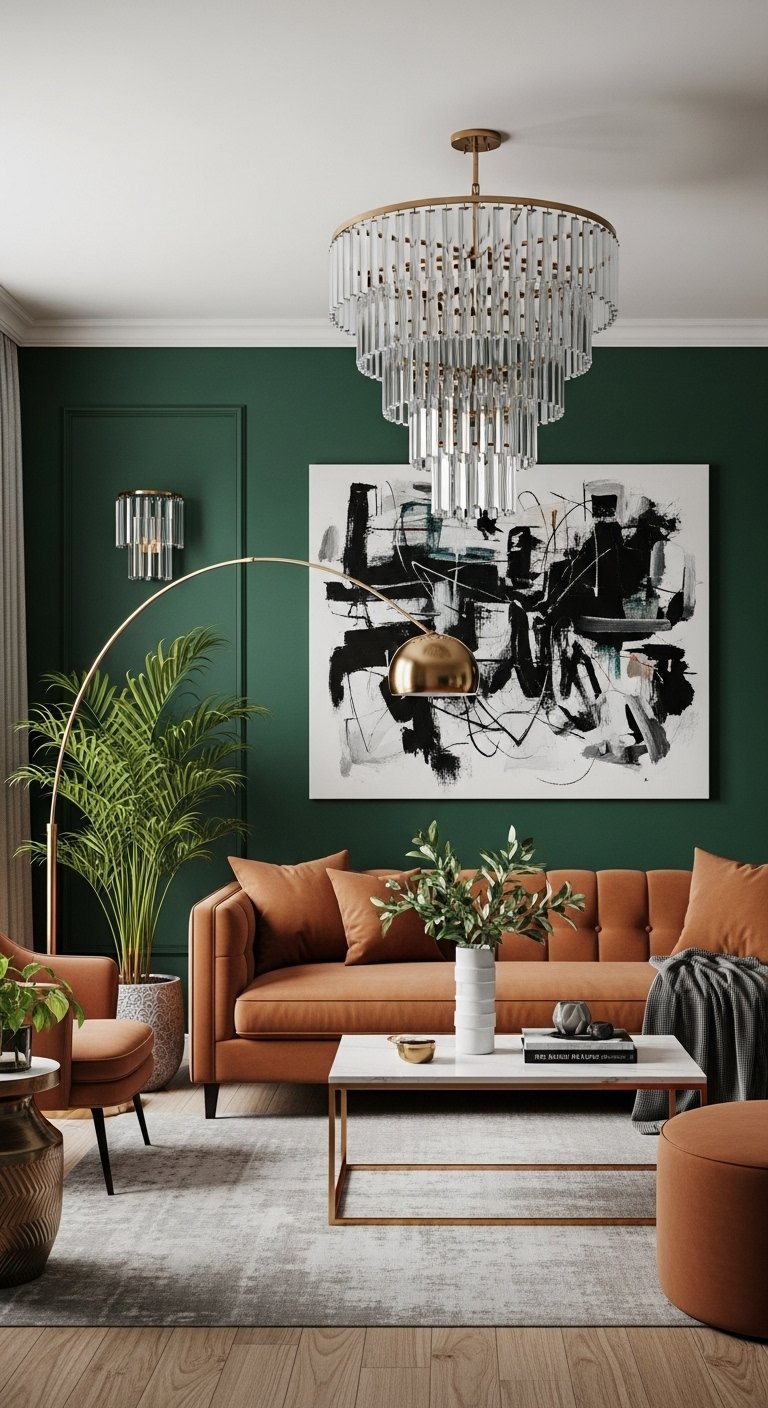 Salon luxueux avec mur vert foncé et canapé couleur cognac