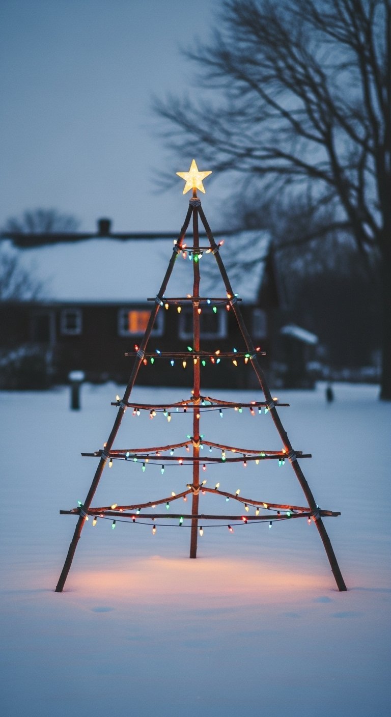 Structure de sapin de Noël minimaliste faite de branches et décorée de lumières colorées dans la neige