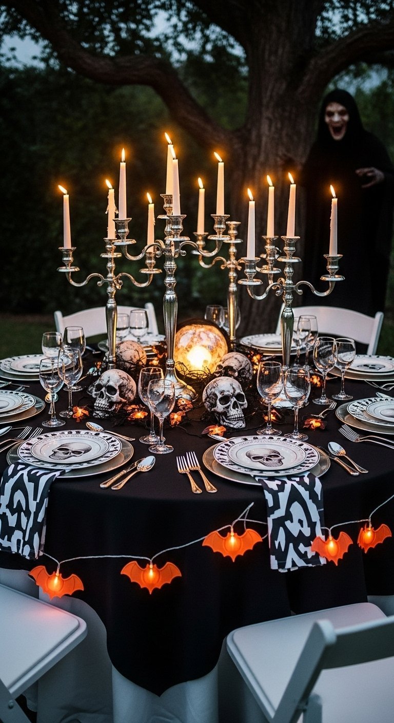 Table d halloween exterieure avec candelabre et personnage effrayant