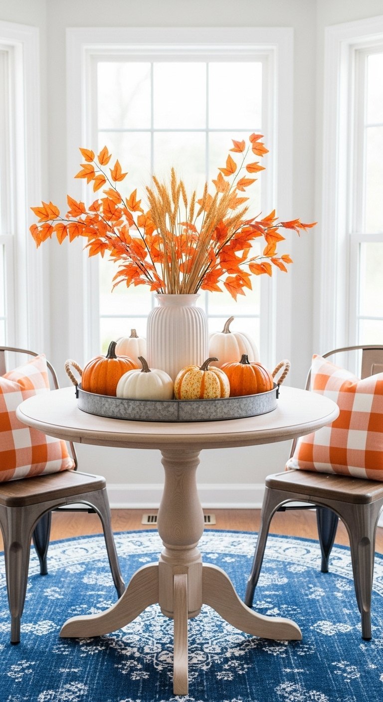 Table de cuisine avec un plateau en métal contenant un vase et des citrouilles