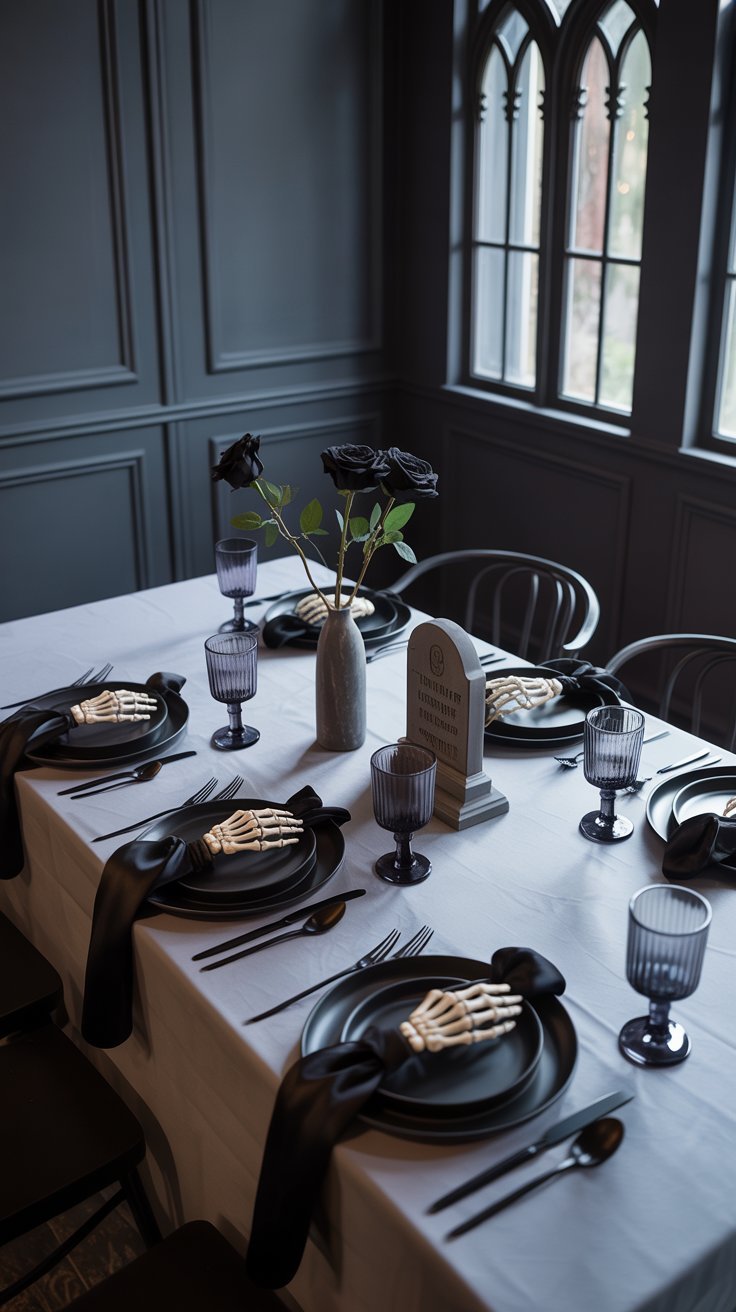 Table de diner avec vaisselle noire mains de squelette et une pierre tombale decorative