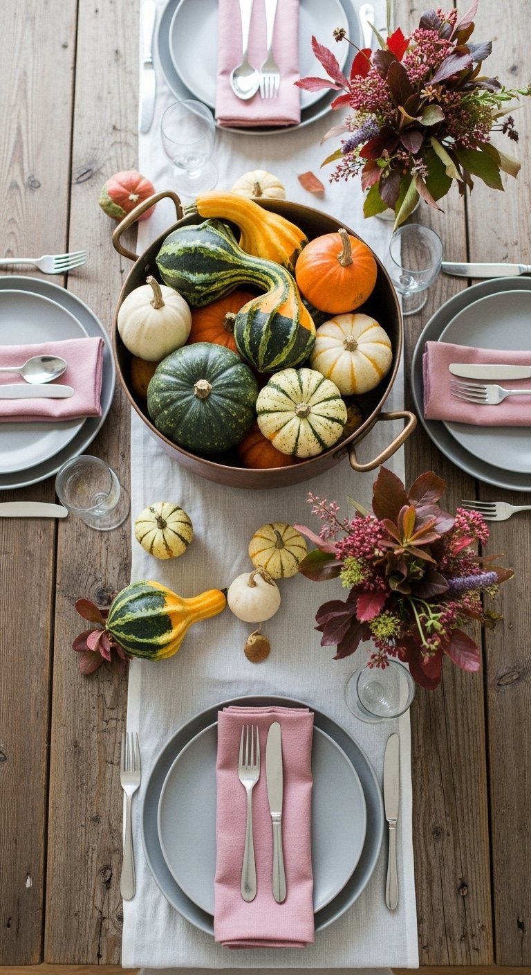 Table dressee vue de dessus avec un centre de table de courges colorees