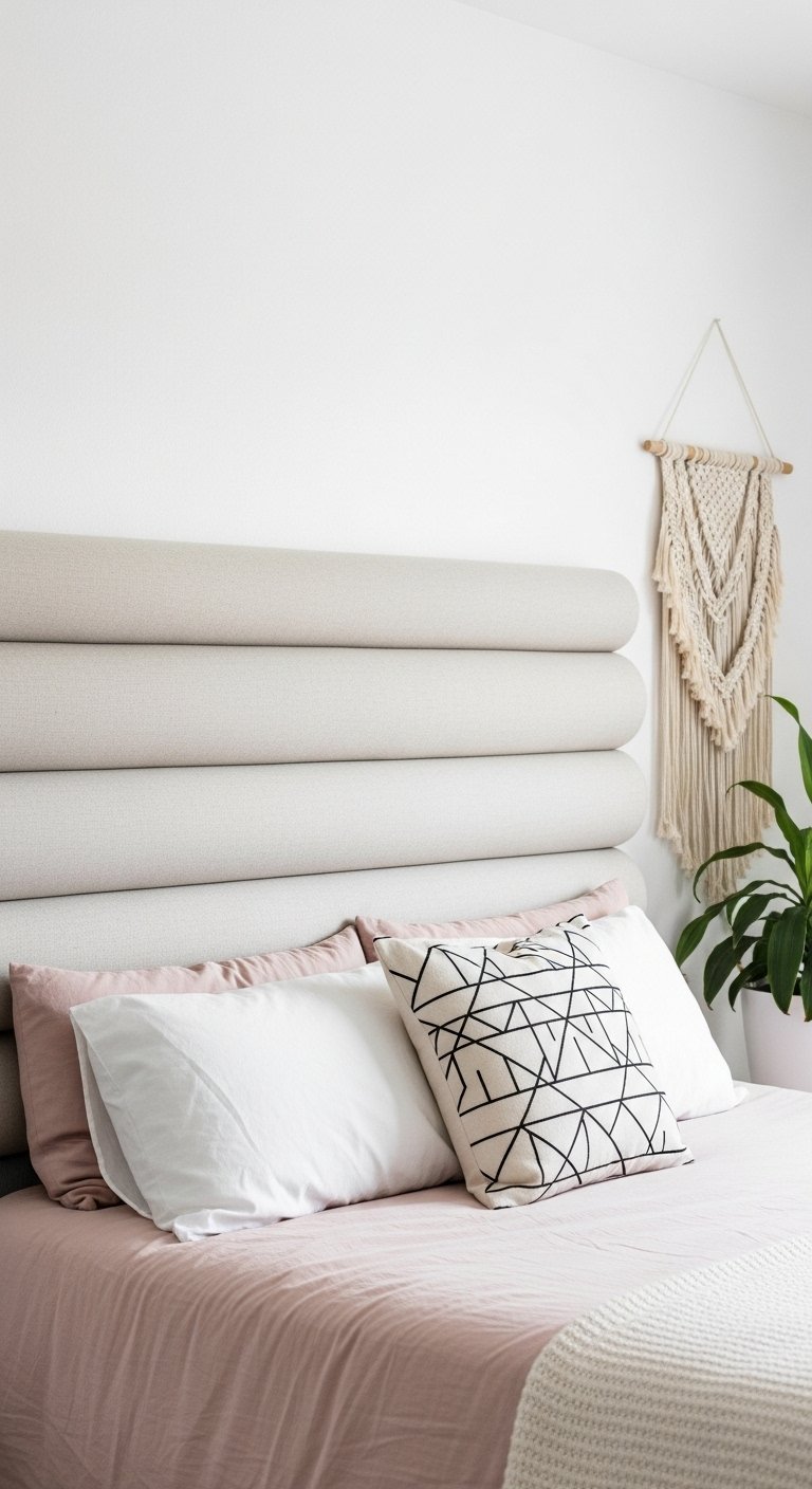Tete de lit moderne faite de quatre boudins horizontaux rembourres