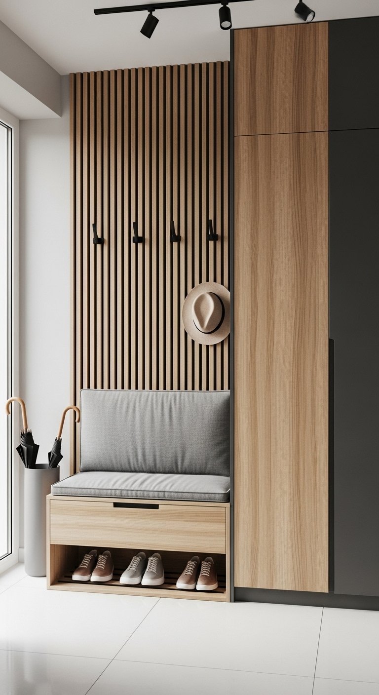 Banc de rangement en bois et gris avec placard de style industriel
