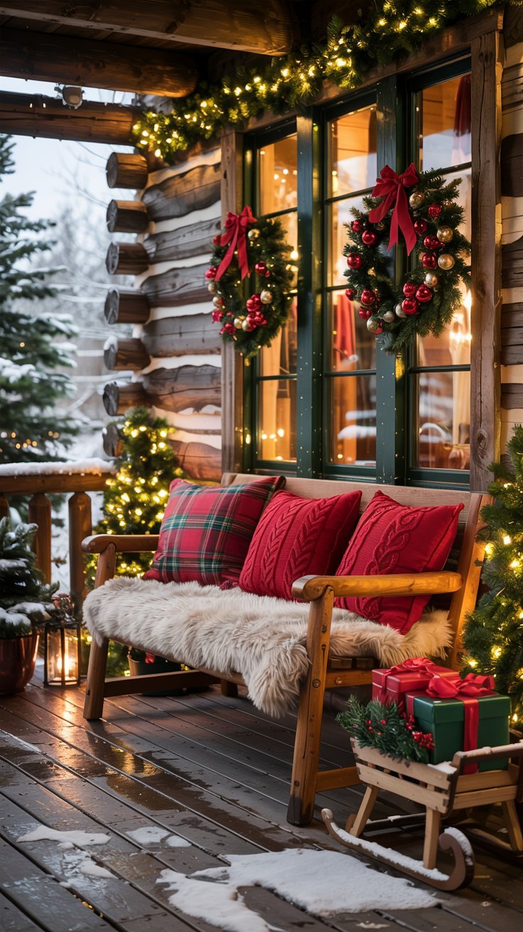 Banc en bois sur le porche dun chalet avec des coussins de Noel
