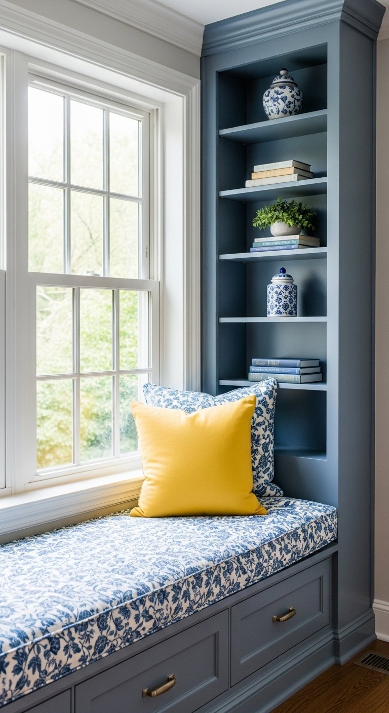 Banquette de fenetre avec coussin a motifs bleus et bibliotheque integree