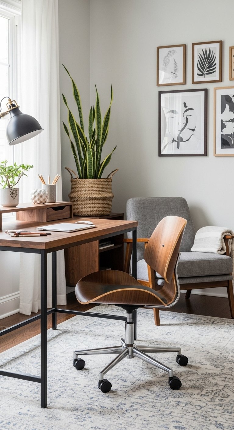 Bureau de style scandinave près d une grande fenêtre avec une chaise en cuir marron