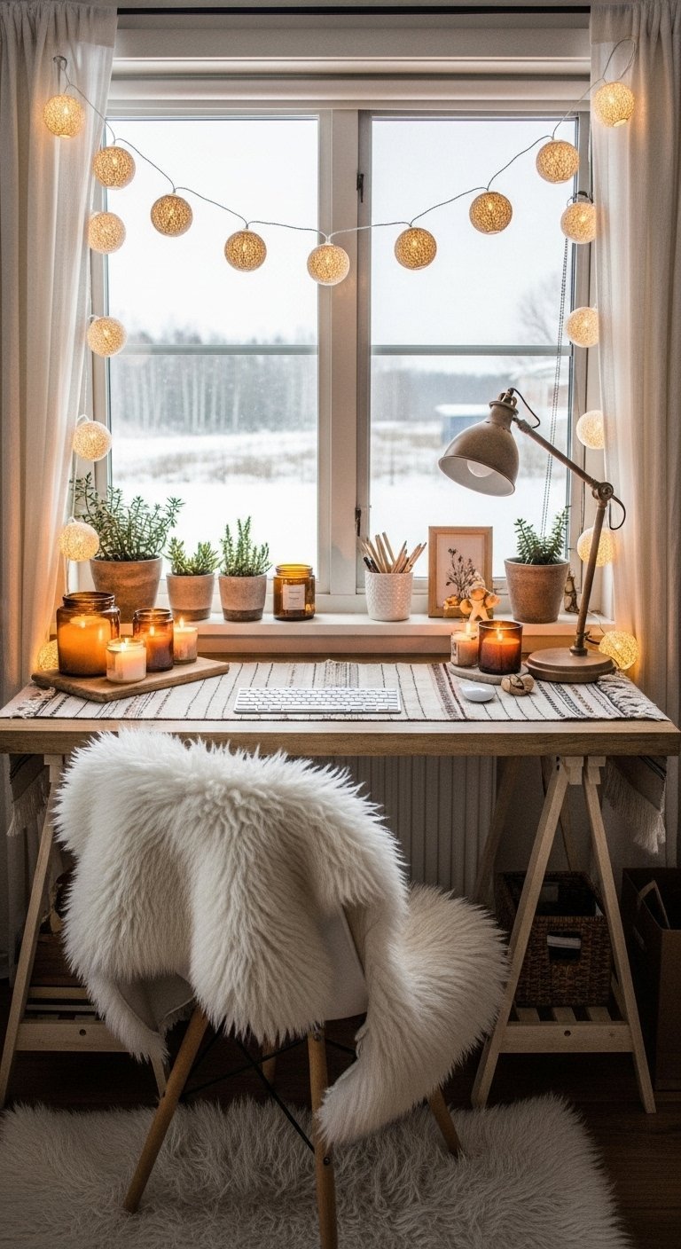 Bureau en bois devant une fenêtre enneigée avec une chaise en fourrure