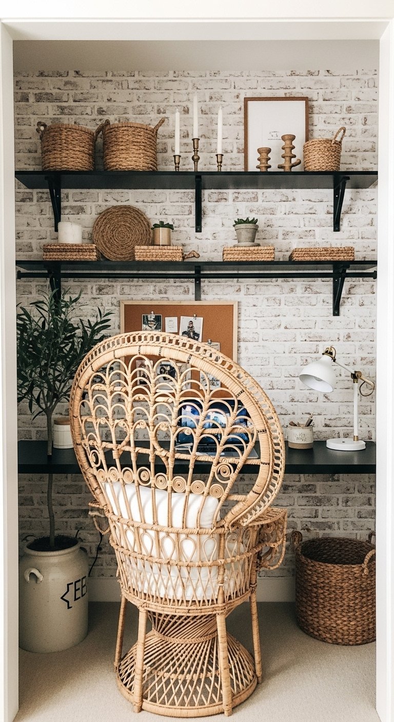 Bureau style bohème avec mur de briques blanches et fauteuil paon en rotin