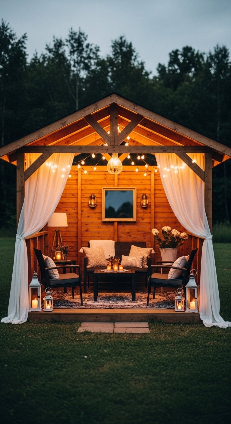 Cabane en bois éclairée avec des guirlandes pour une ambiance romantique
