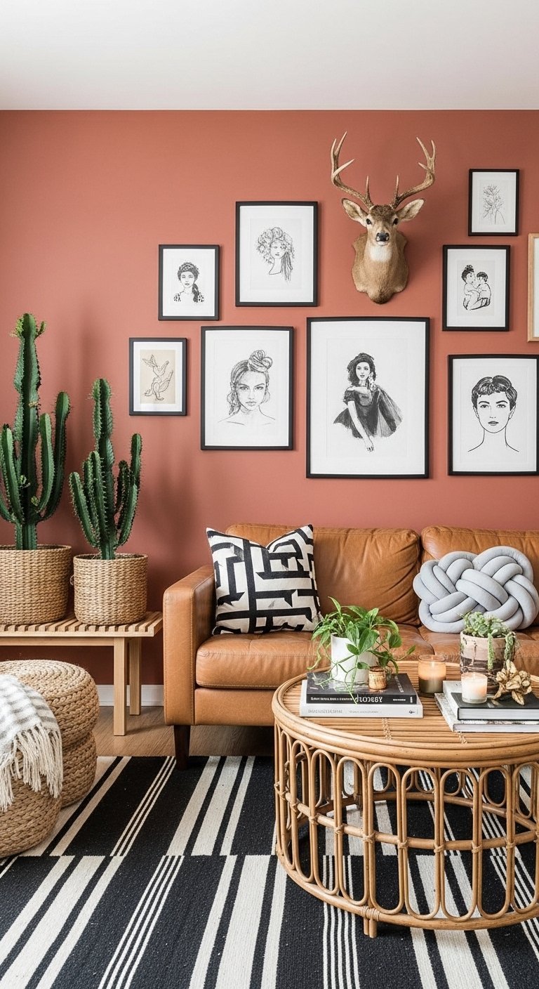 Canape en cuir marron devant un mur terracotta avec une galerie de cadres