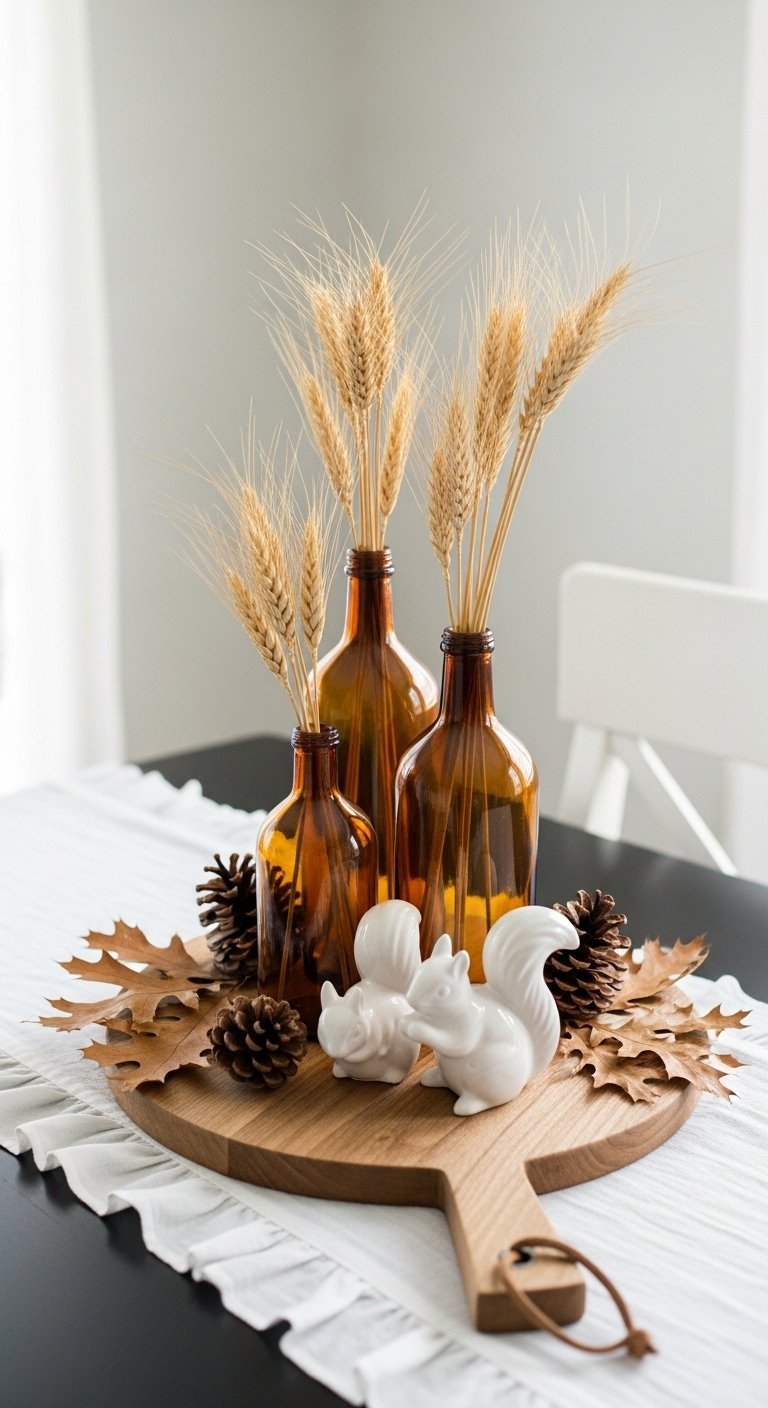 Centre de table ludique avec bouteilles ambrées blé et figurines d écureuils
