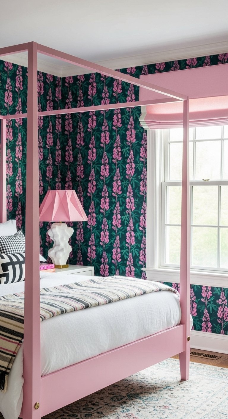 Chambre audacieuse avec lit à baldaquin rose et papier peint floral