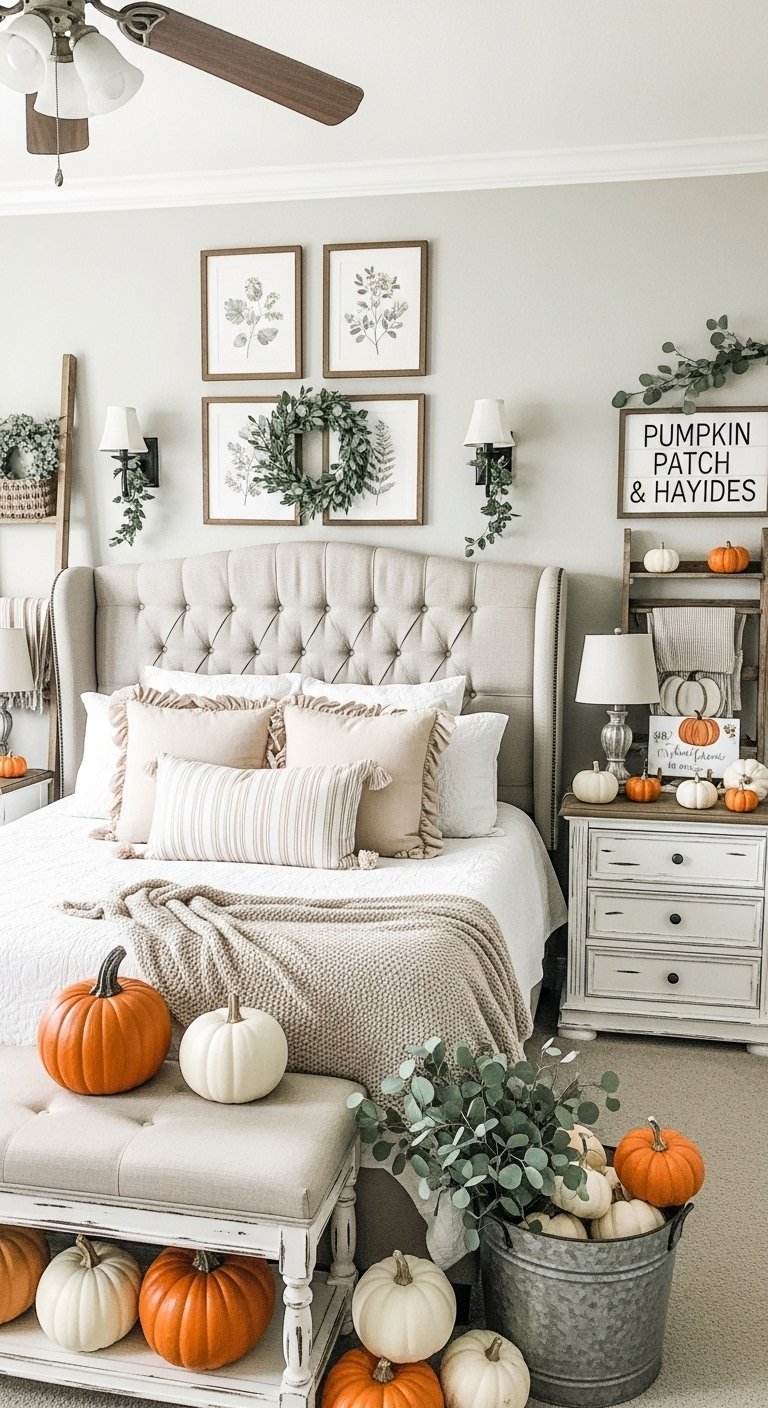 Chambre style farmhouse avec décoration de citrouilles d automne