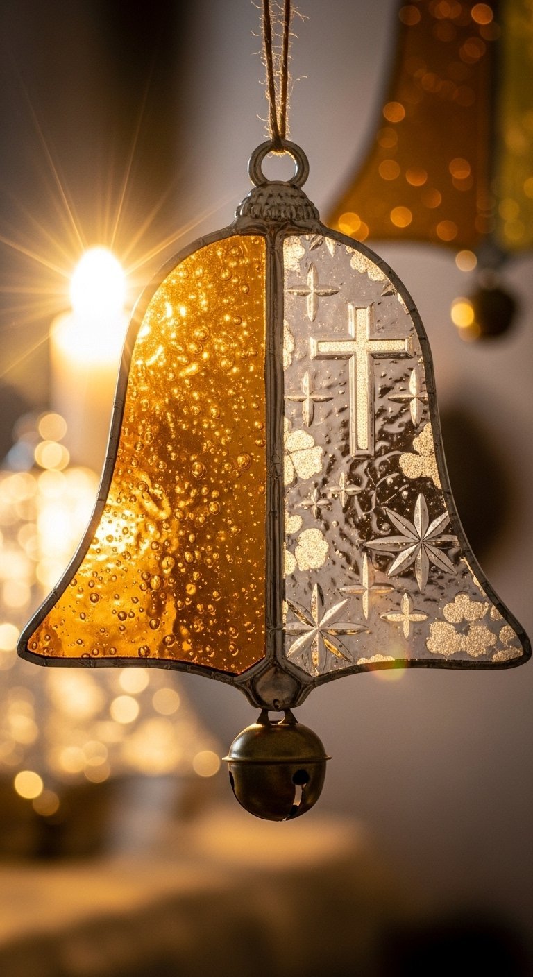 Cloche de Noël en vitrail dorée et transparente gravée d une croix