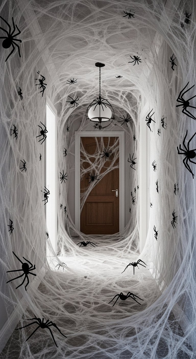 Couloir etroit entierement recouvert de toiles et d araignees noires