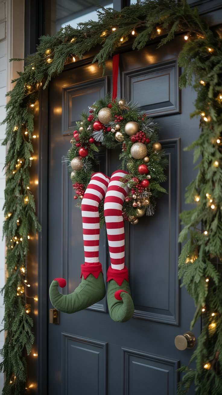 Couronne de porte de noel originale avec des jambes d elfe