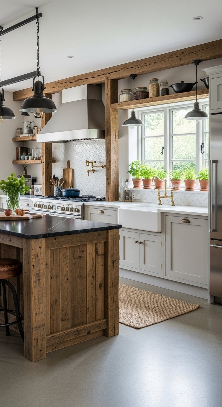 Cuisine farmhouse moderne avec îlot en bois et poutres apparentes
