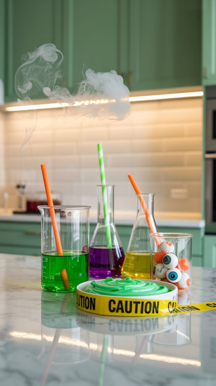 Decoration de cuisine style laboratoire avec des bechers colores et de la fumee