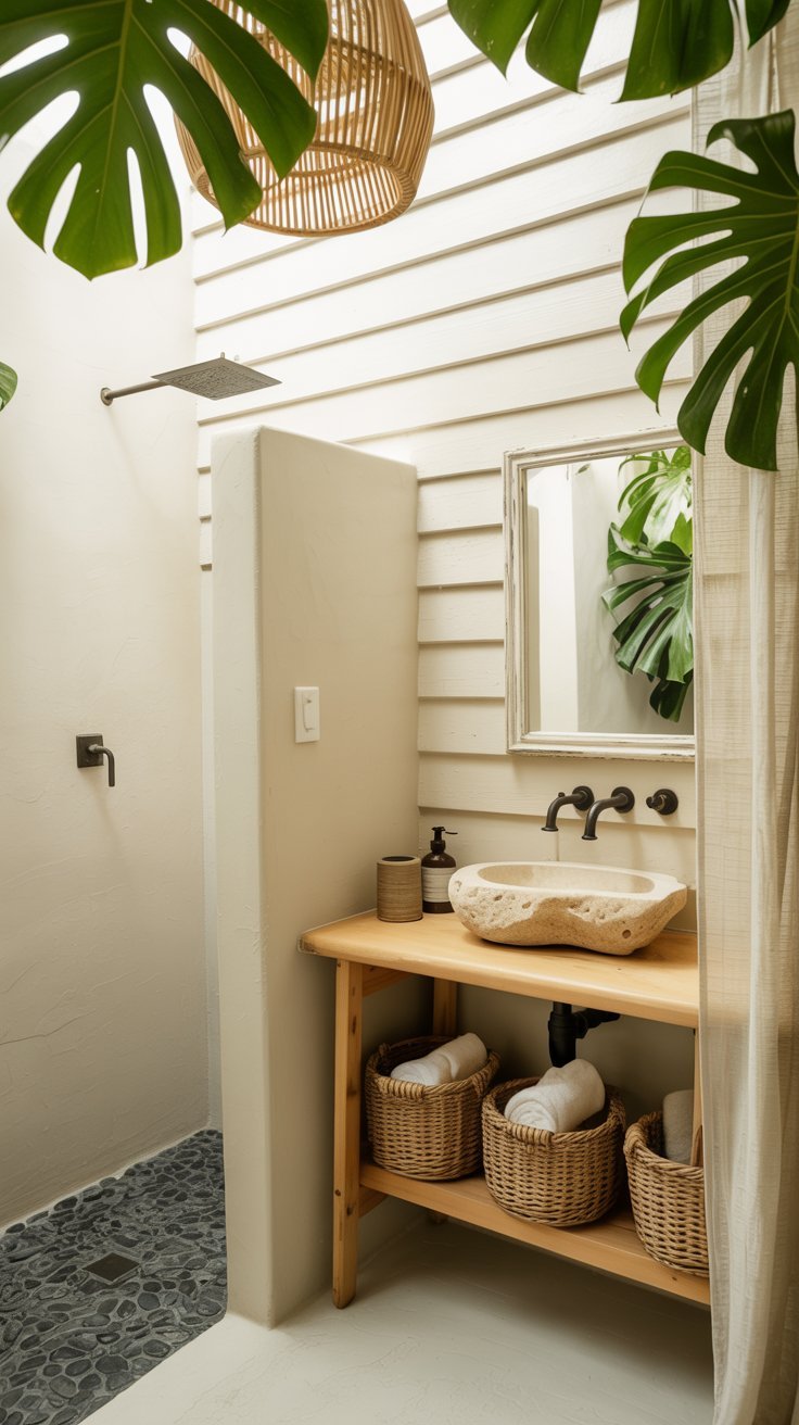 Douche extérieure tropicale avec vasque en pierre et murs en bois blanc