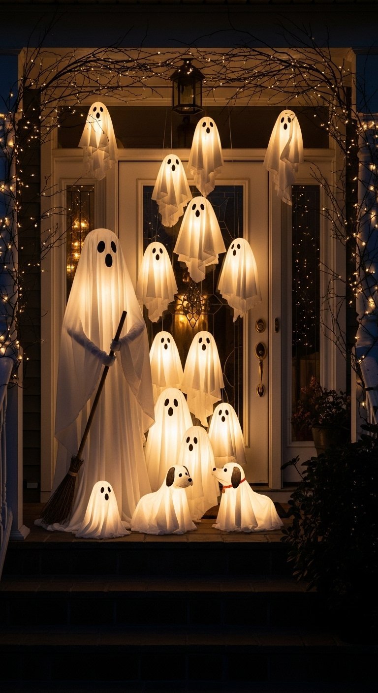 Famille de fantômes lumineux de différentes tailles sur le perron d une maison