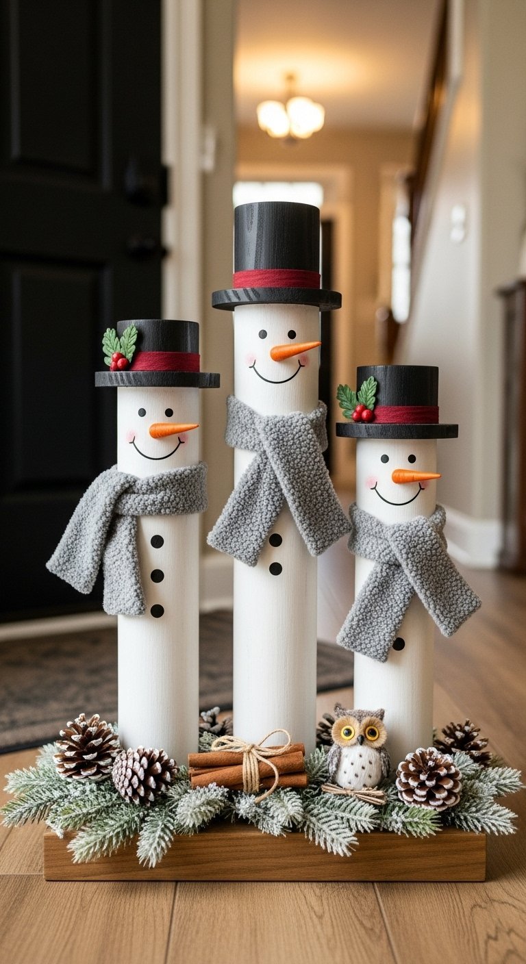 Famille de trois bonshommes de neige fabriques a partir de poteaux en bois