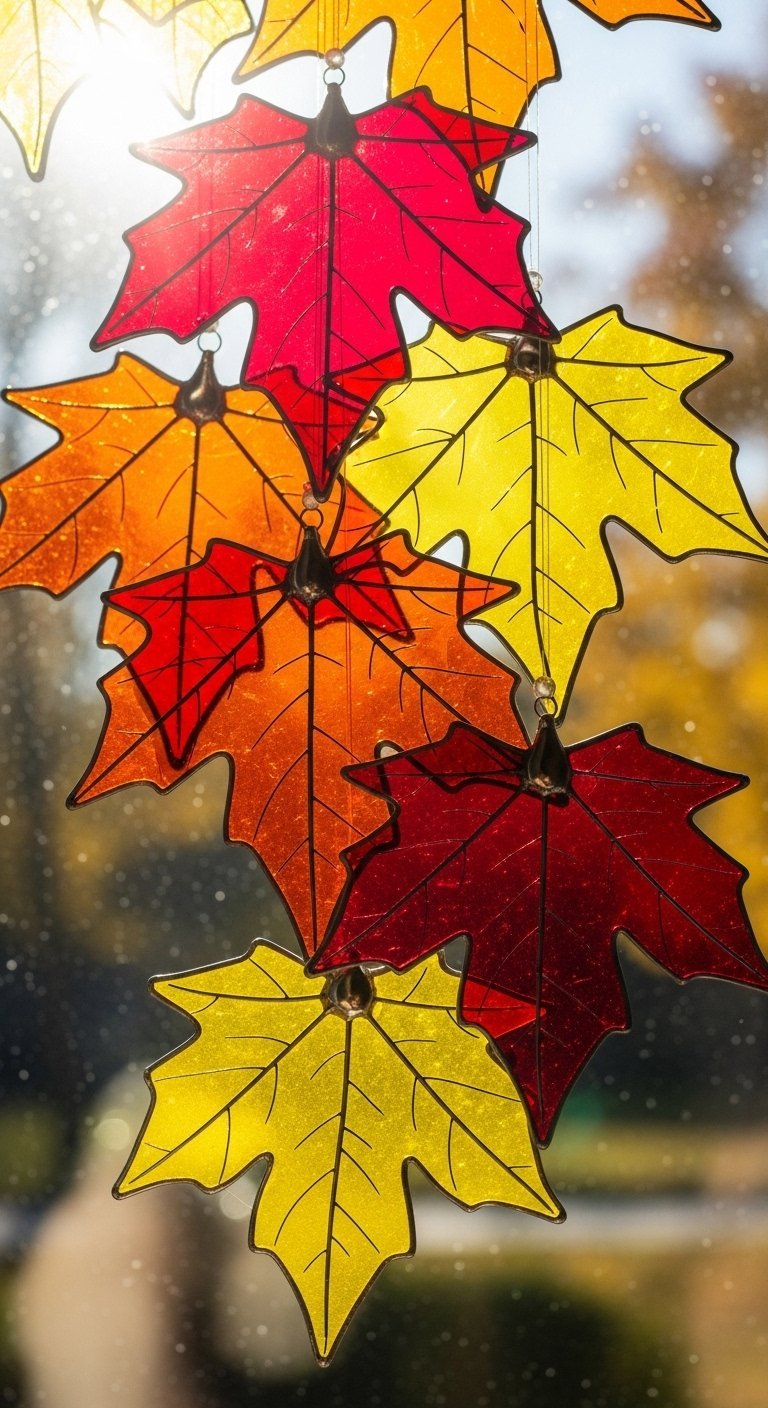 Gros plan sur des attrape soleil en forme de feuilles imitant l effet du vitrail