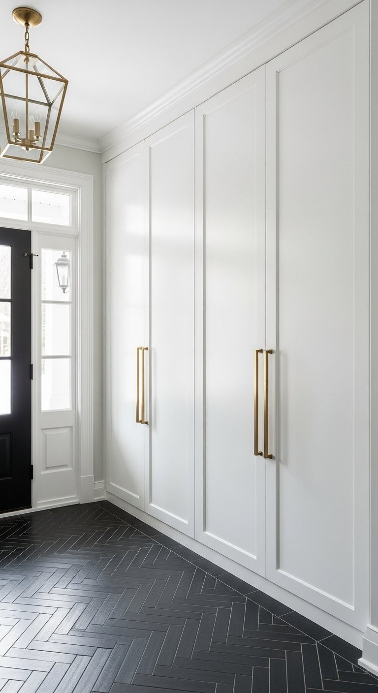 Hauts placards blancs avec poignees en laiton et sol noir a chevrons