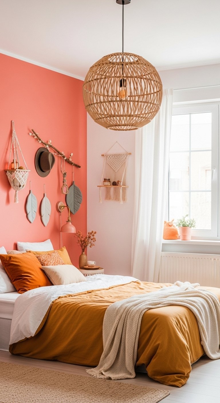 Lit avec couette moutarde devant un mur corail et suspension en rotin
