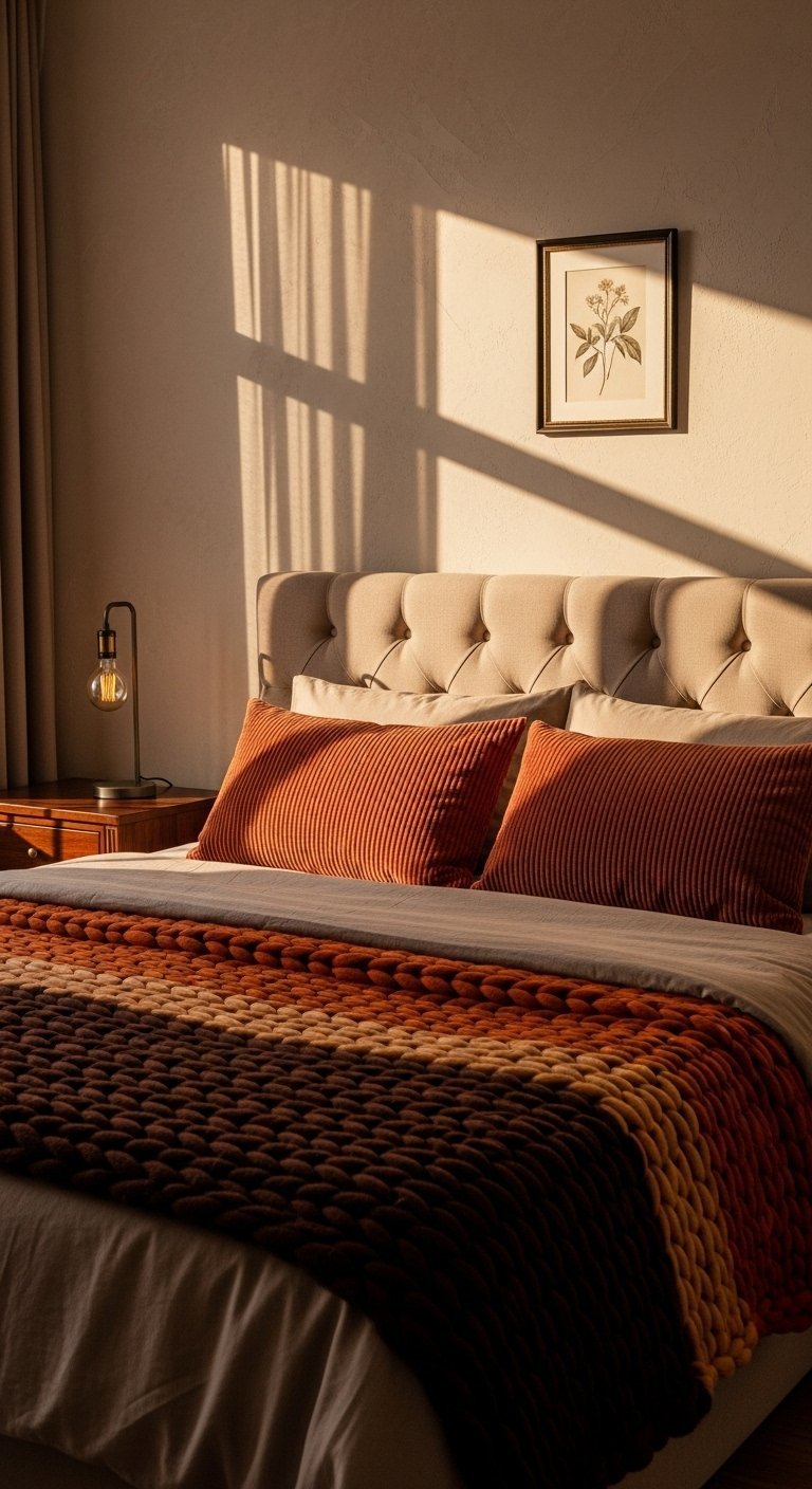 Lit avec des coussins en velours cotele baigne dans la lumiere du soleil