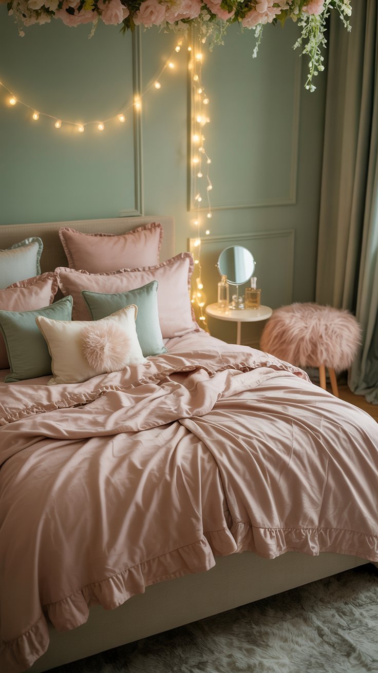 Lit avec parure rose à volants dans une chambre vert sauge