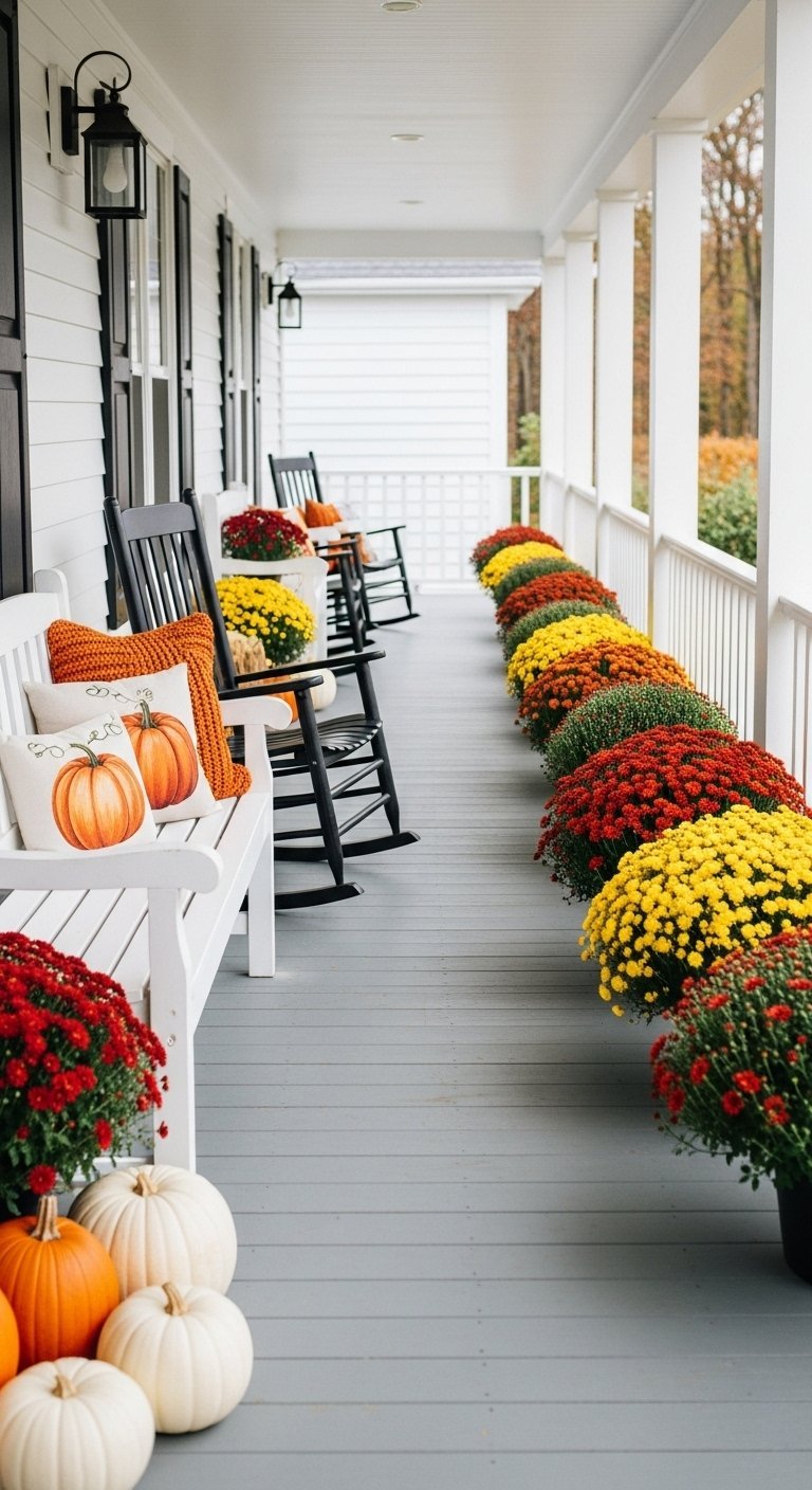 Long porche borde de pots de chrysanthemes d automne multicolores