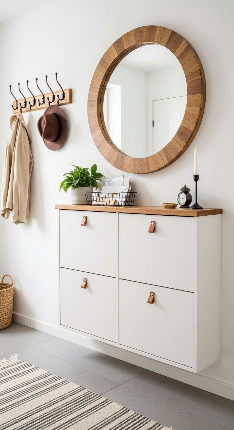 Meuble à chaussures suspendu blanc avec un grand miroir rond à cadre en bois