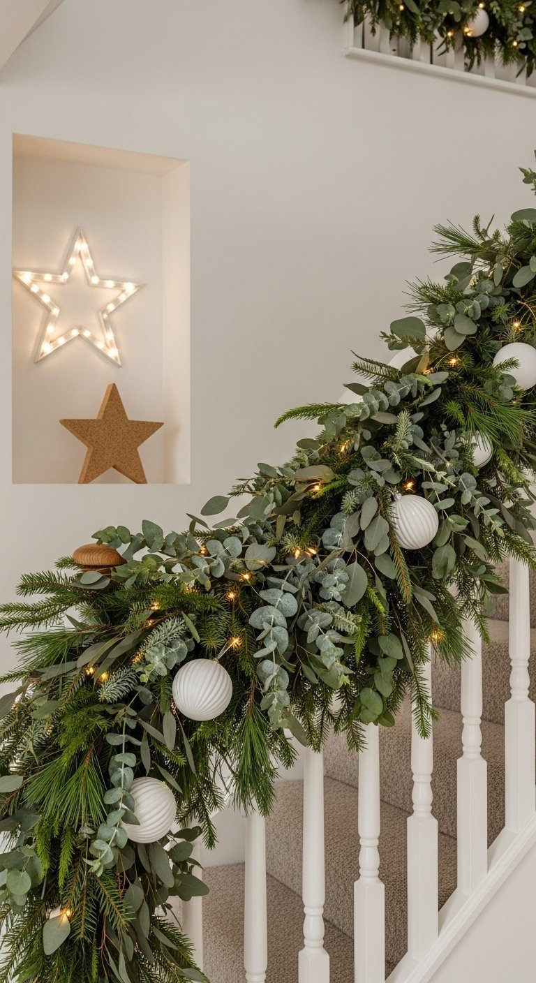 Rampe d escalier décorée avec une guirlande de sapin et d eucalyptus