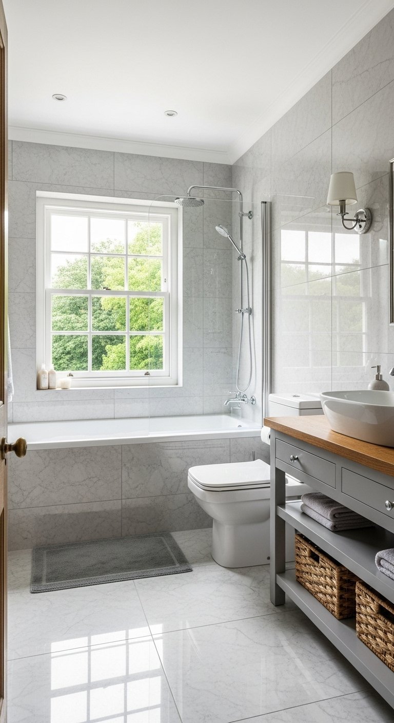 Salle de bain lumineuse avec grande fenêtre au dessus de la baignoire
