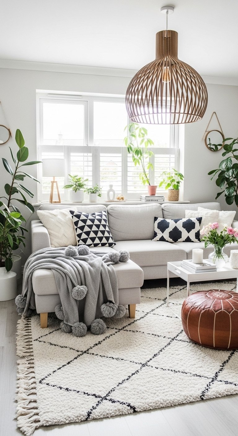 Salon de style scandinave avec plaid à pompons et pouf en cuir