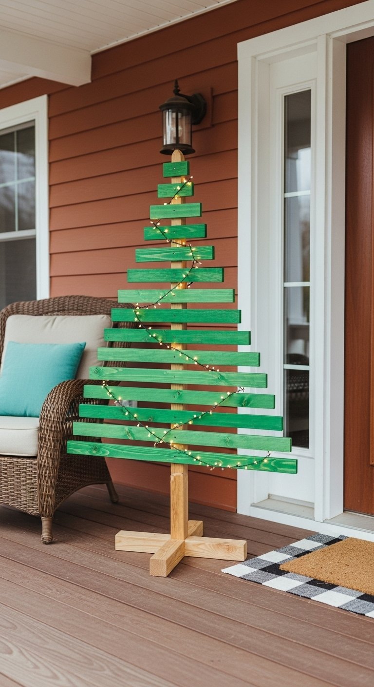 Sapin de Noël en bois vert fait de planches horizontales sur un porche en bois