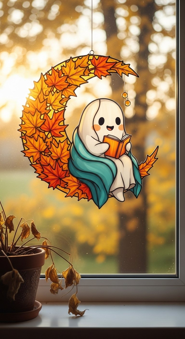 Sticker de fantôme lisant sur une lune de feuilles d automne