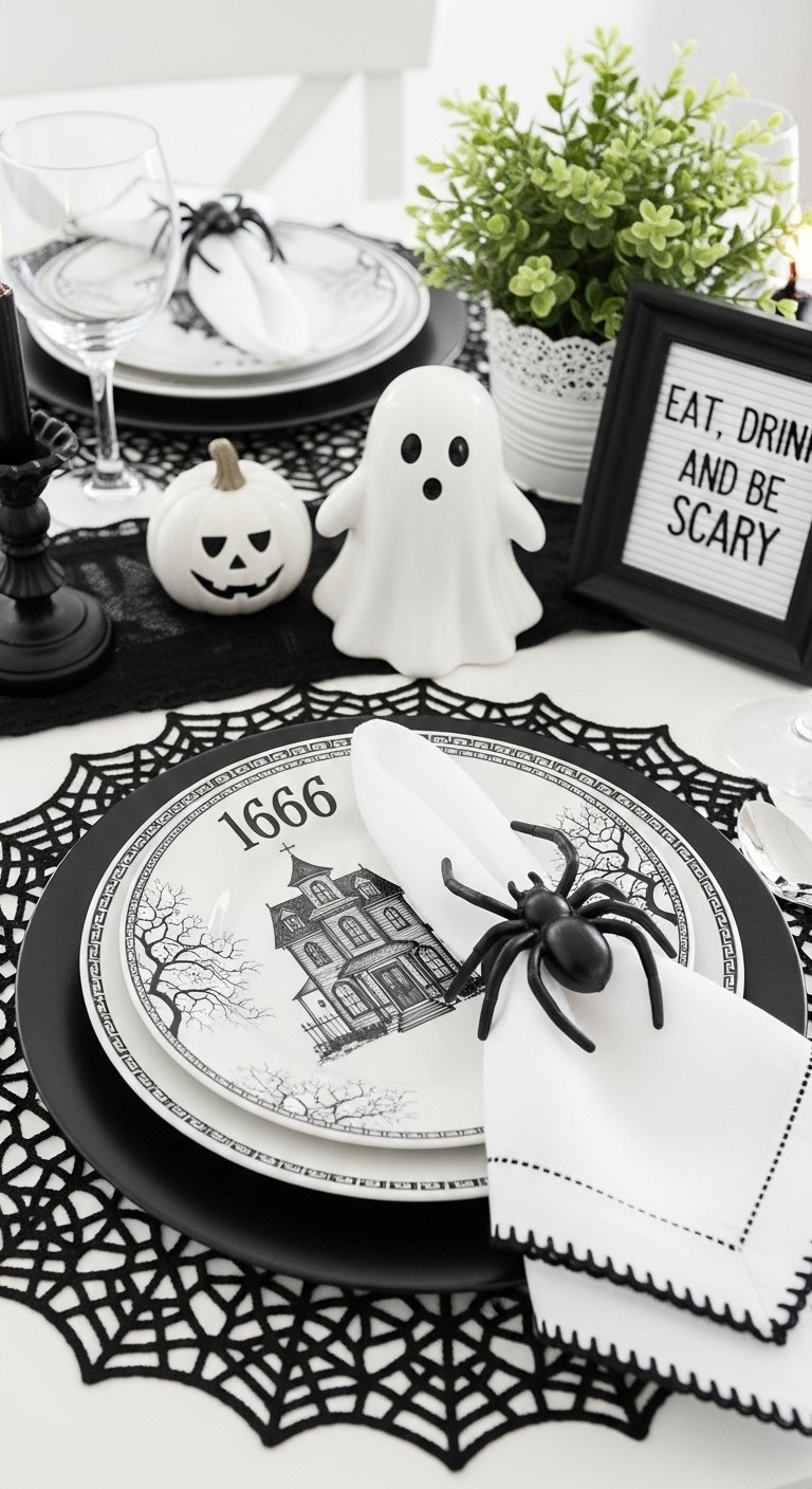 Table en noir et blanc avec assiette maison hantee et un fantome