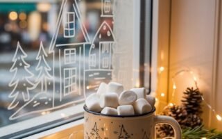 Tasse de chocolat chaud devant une fenetre avec un dessin de village