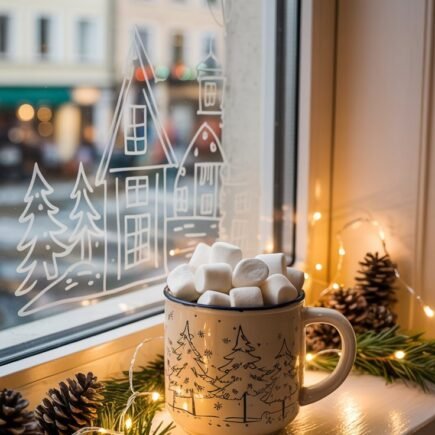 Tasse de chocolat chaud devant une fenetre avec un dessin de village