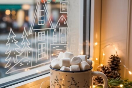 Tasse de chocolat chaud devant une fenetre avec un dessin de village