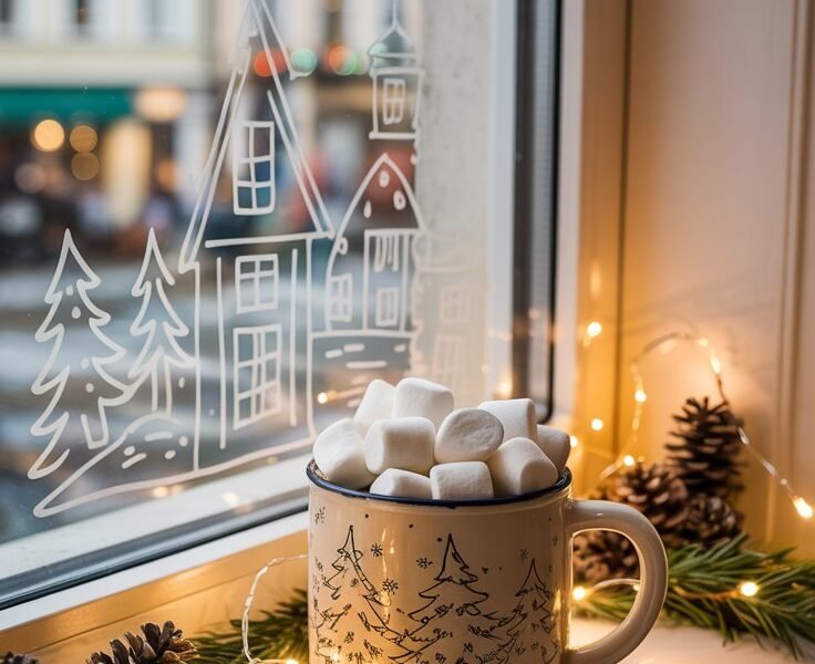 Tasse de chocolat chaud devant une fenetre avec un dessin de village