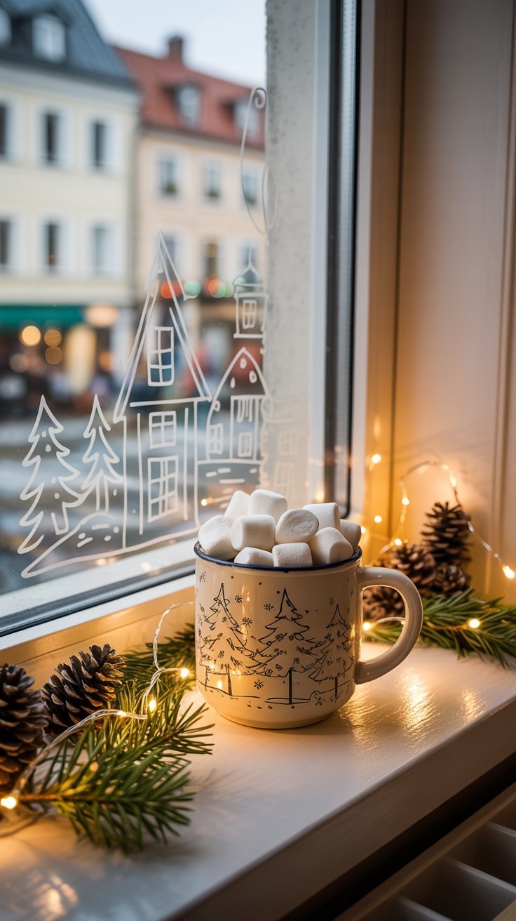 Tasse de chocolat chaud devant une fenetre avec un dessin de village