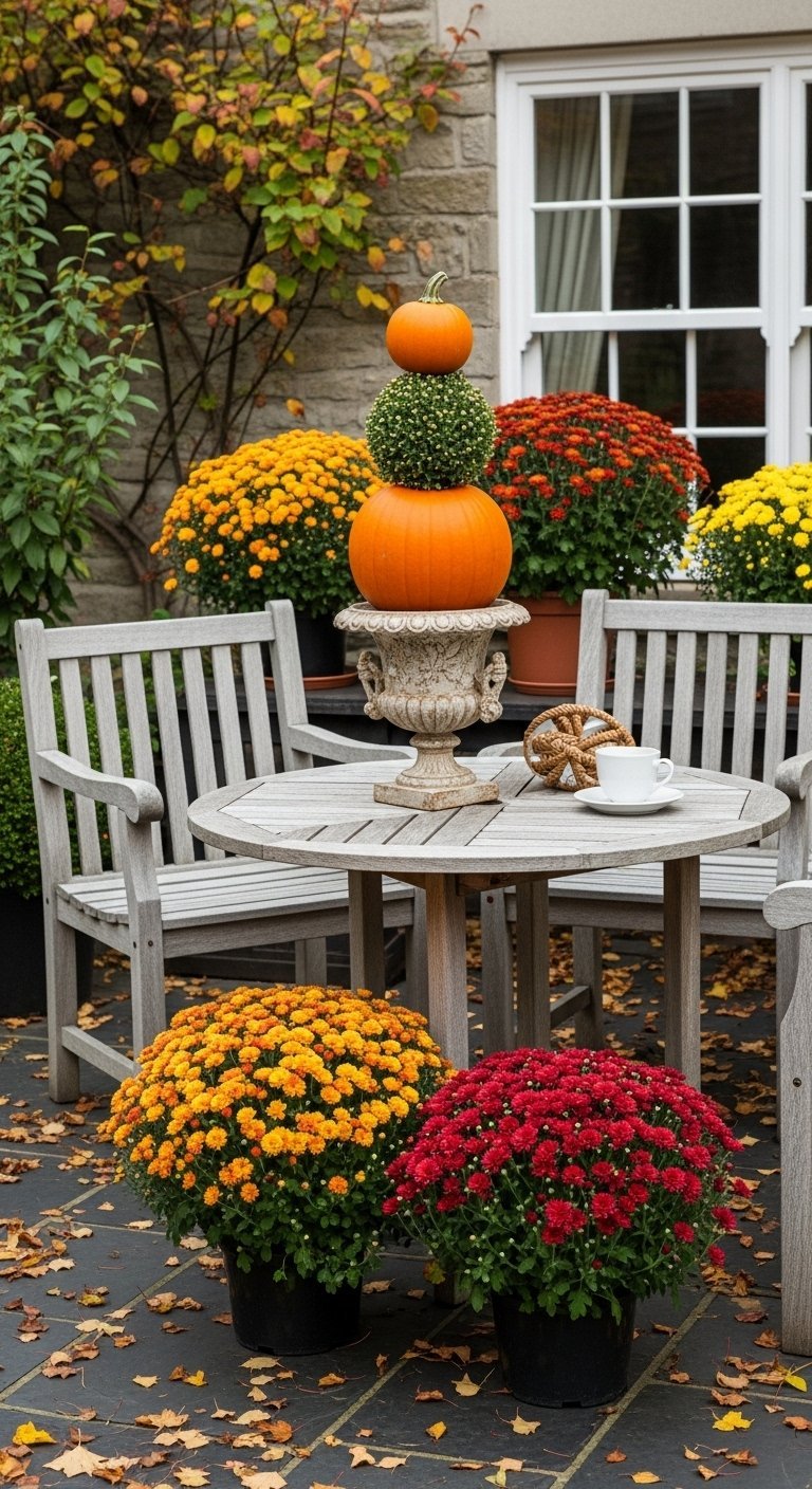Terrasse exterieure avec des chrysanthemes en pot et une topiaire de citrouilles