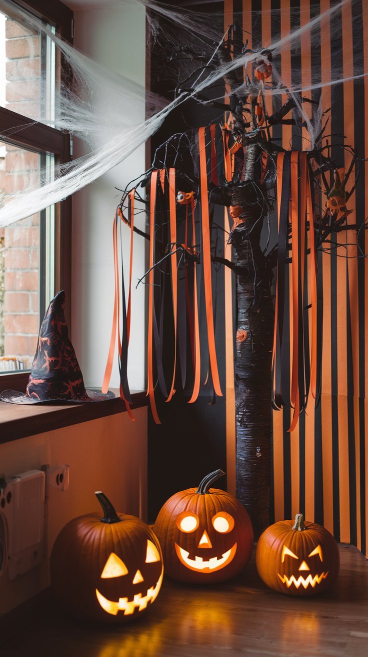 Arbre noir decore avec des rubans orange et noirs pour Halloween