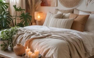 Banc en bois au pied d un lit avec bougies et décorations naturelles